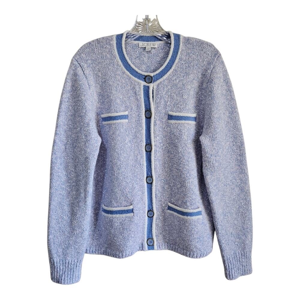 J CREW Women L Cardigan Sweater Button Up Lavender Blue Classic Blazer Style 40"